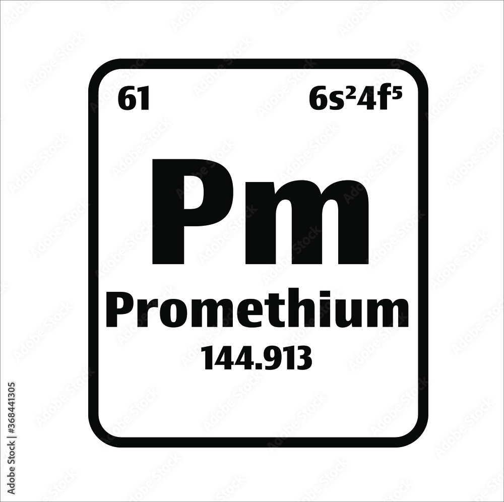 Promethium (Pm) button on black and white background on the periodic table of elements with atomic number or a chemistry science concept or experiment.	