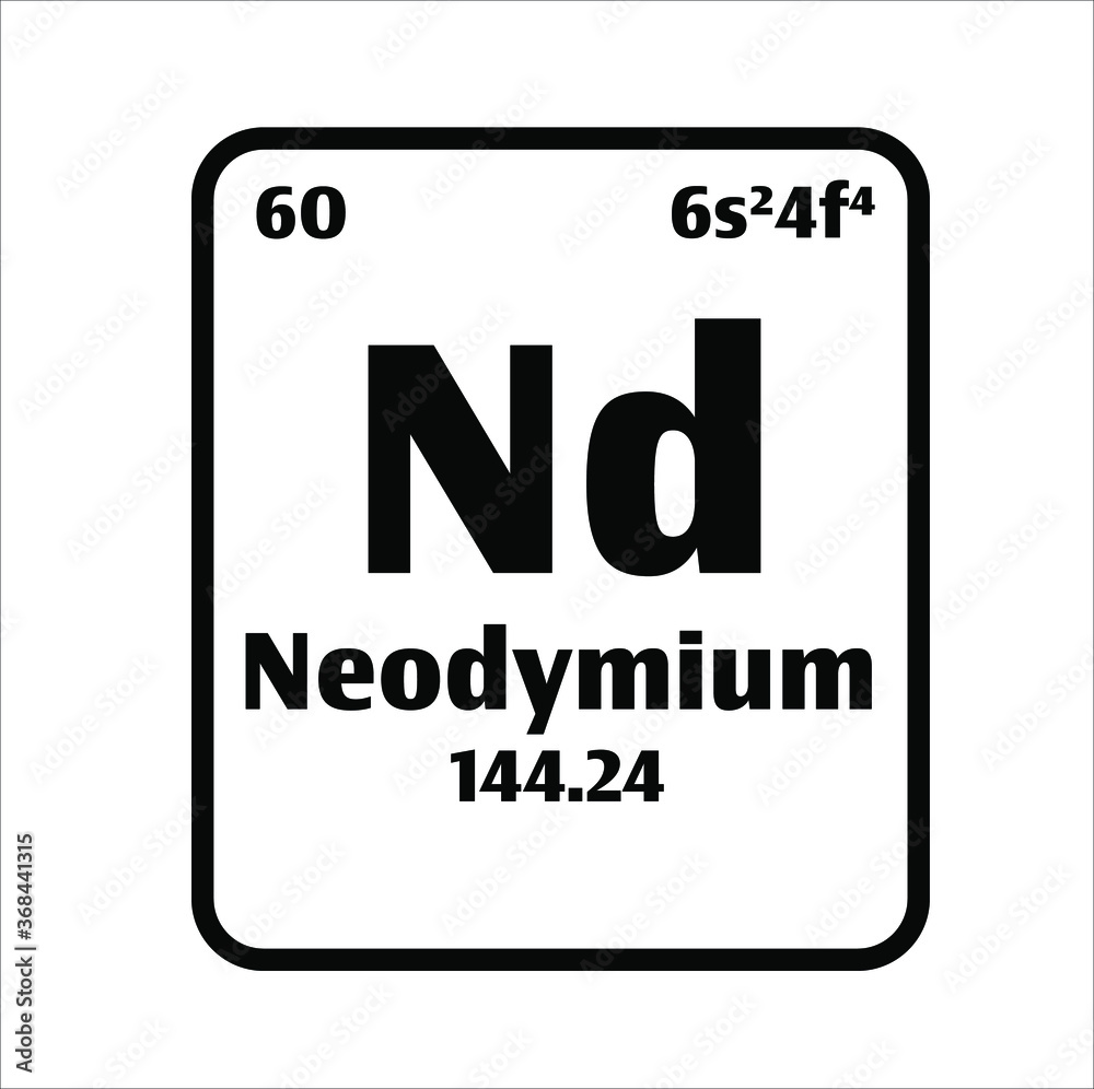 Neodyminium (Nd) button on black and white background on the periodic table of elements with atomic number or a chemistry science concept or experiment.	