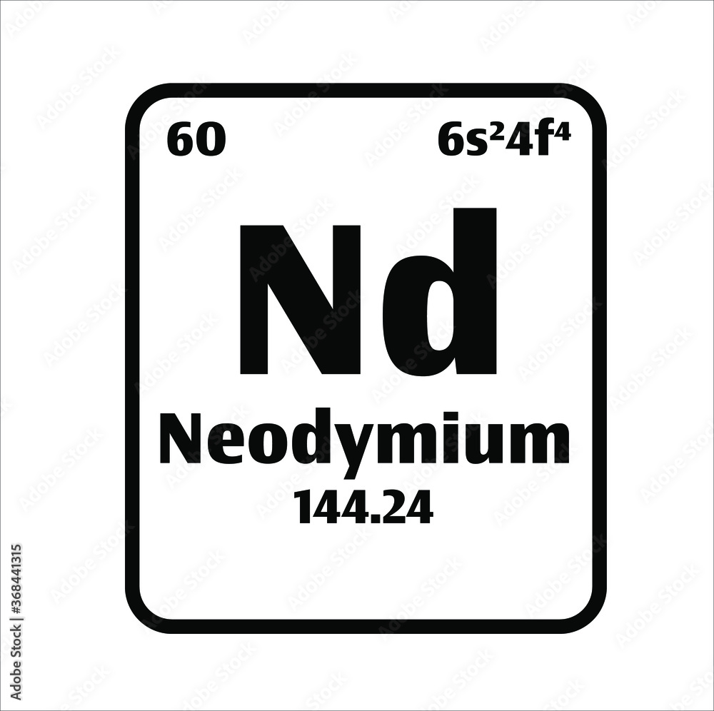 Neodyminium (Nd) button on black and white background on the periodic table of elements with atomic number or a chemistry science concept or experiment. Neodyminium (Nd) button on black and white background on the periodic table of elements with atomic number or a chemistry science concept or experiment.