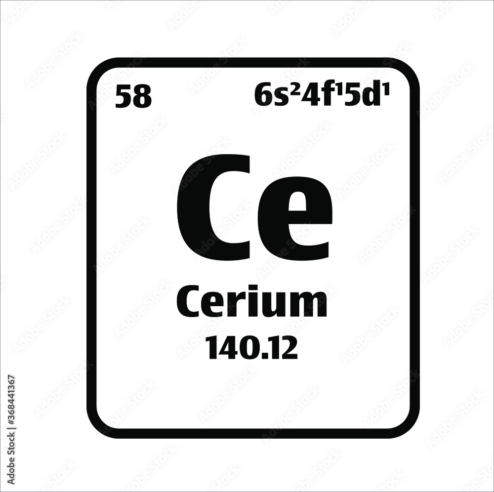Cerium (Ce) button on black and white background on the periodic table of elements with atomic number or a chemistry science concept or experiment. Cerium (Ce) button on black and white background on the periodic table of elements with atomic number or a chemistry science concept or experiment.