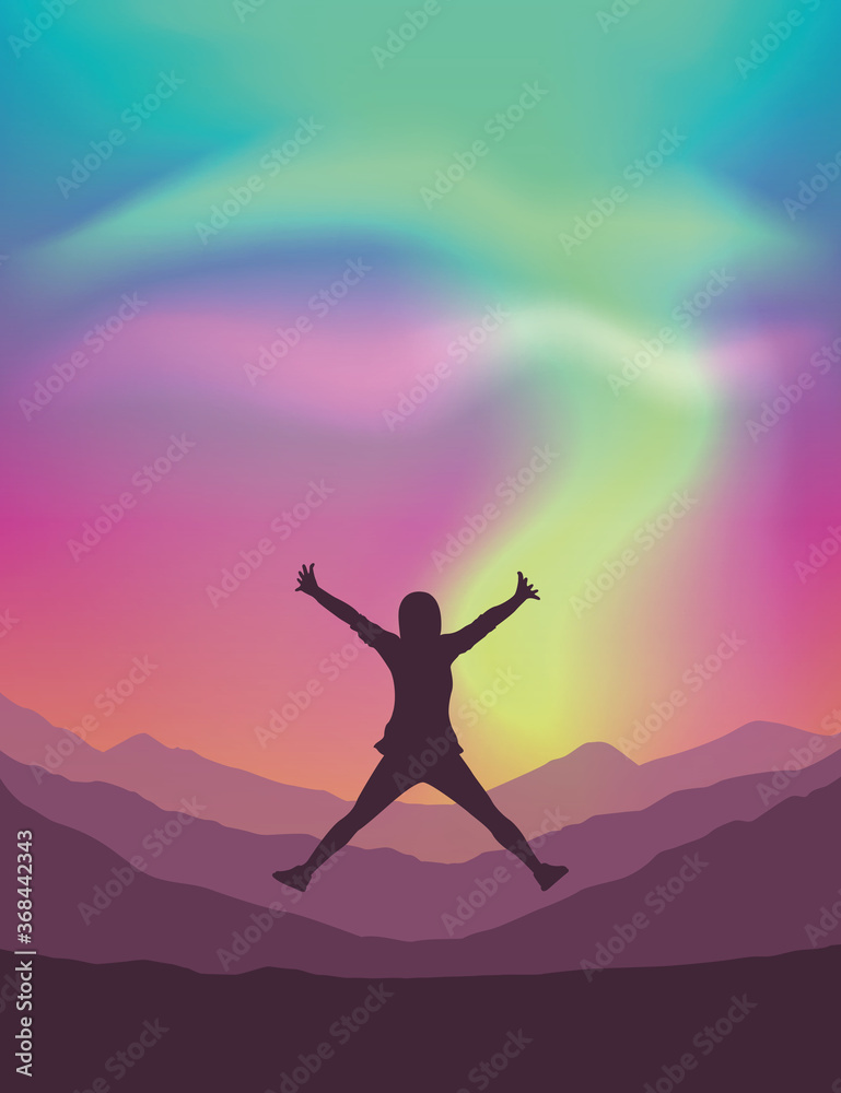 lonely girl on mountain view with beautiful polar lights in colorful sky vector illustration EPS10