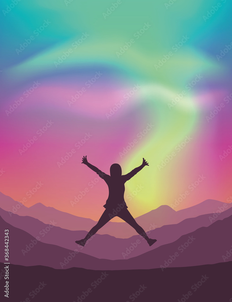 lonely girl on mountain view with beautiful polar lights in colorful sky vector illustration EPS10 lonely girl on mountain view with beautiful polar lights in colorful sky vector illustration EPS10