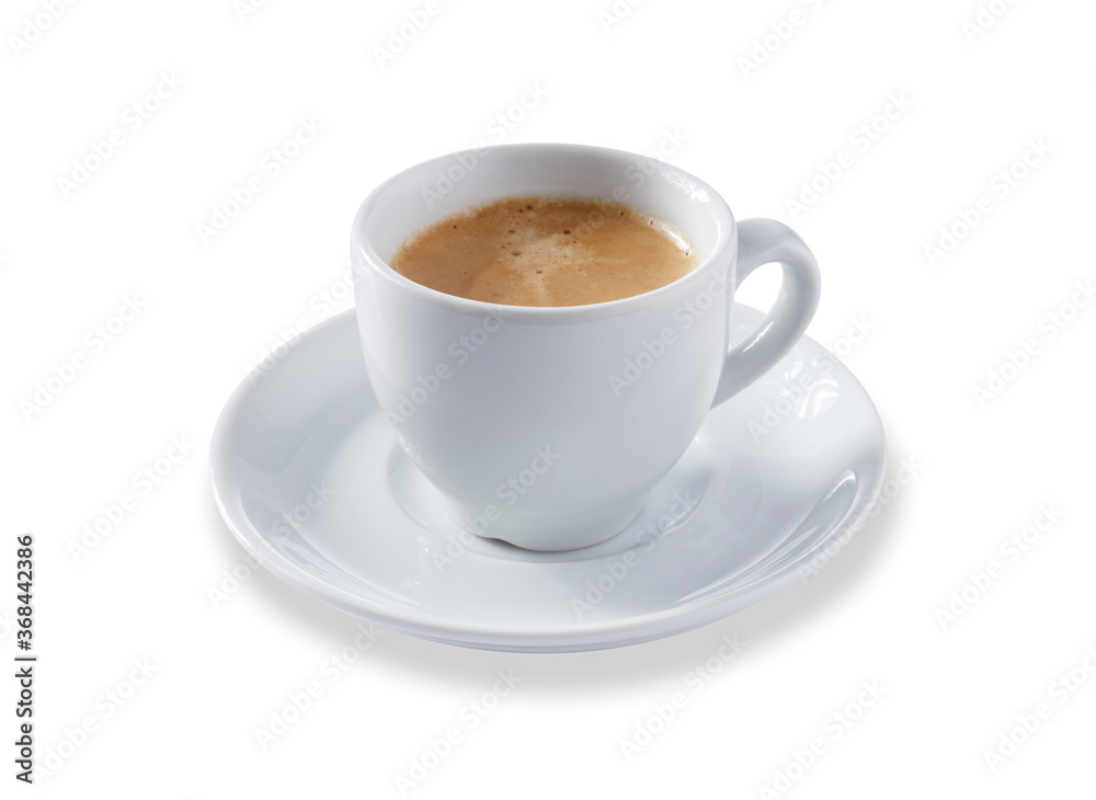 Angled view of a white expresso cup and saucer full of smooth expresso coffee, isolated on white - obrazy, fototapety, plakaty 