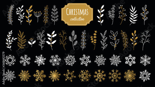 Set hand drawn vector christmas floral and snow elements. Branches, plants botanical and snowflakes collection. Element white and gold isolated on black background.