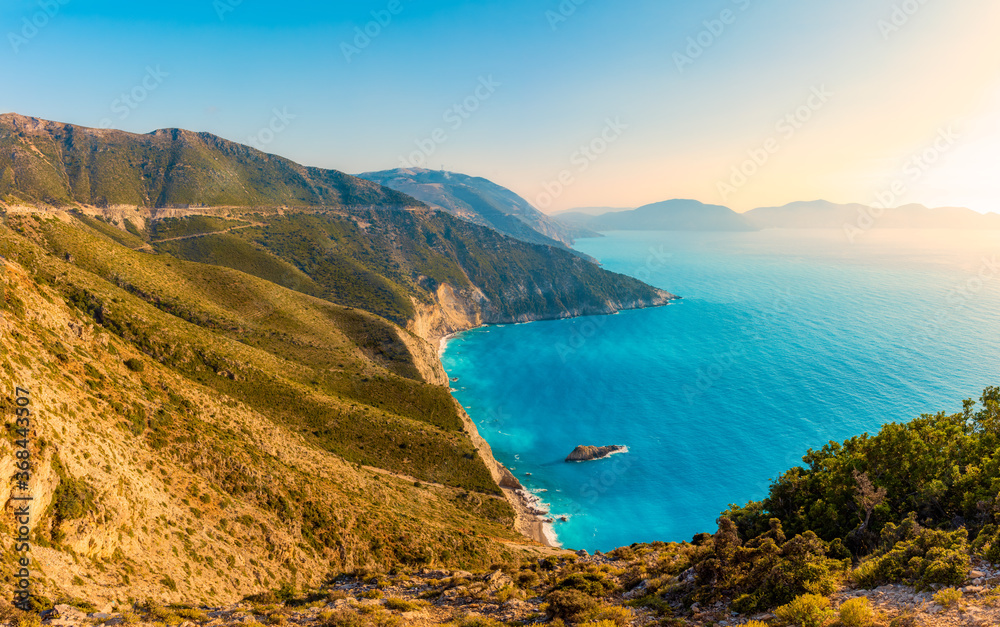 Panoramic view of the coastline of Kefalonia island in Greece.