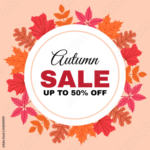 Autumn sale social media template post. Maple fall foliage round frame. Flat vector style. 
