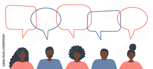 Community of black people. Communication of men and women. People icons with speech bubbles. Vector illustration