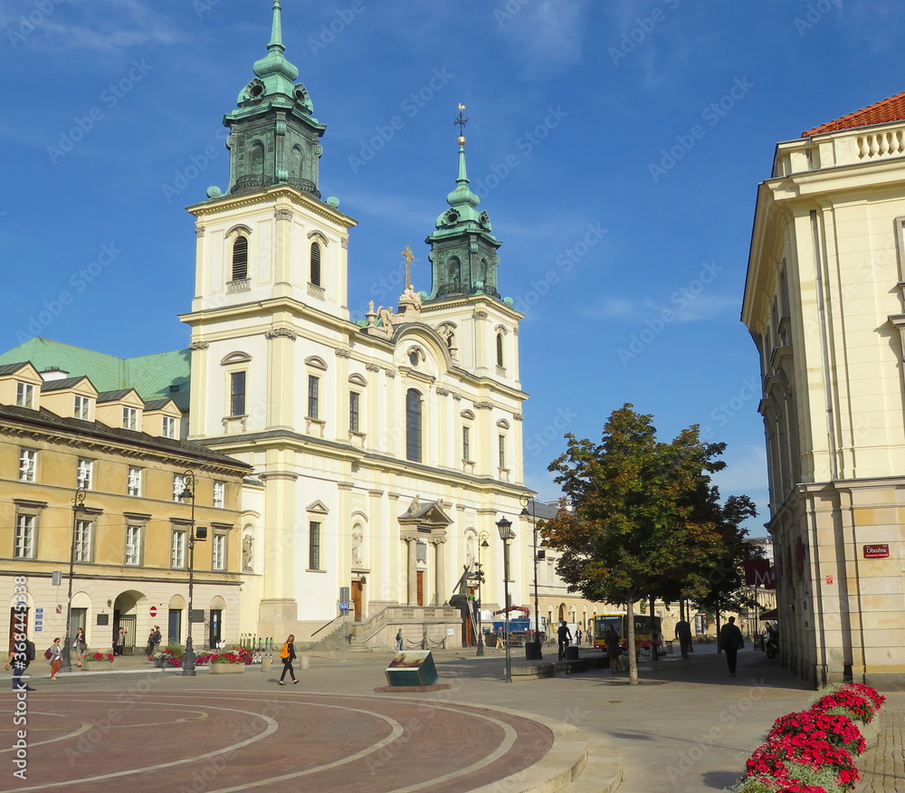 Warsaw, Poland -  area of Copernicus square opposite the building from the cathedral with crosses in the early morning