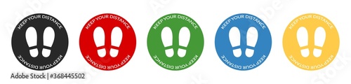 Keep your distance footprint sign stickers set in round red frame for supermarket or shop. Social distancing icons collection