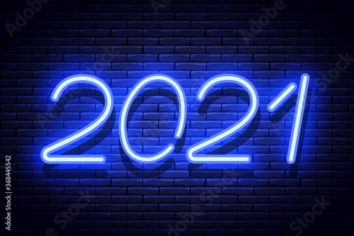 2021 New Year glowing blue neon signboard on brick wall. Vector illustration.