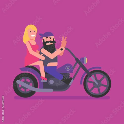 Biker with girl sit on motorcycle and smile. Flat people