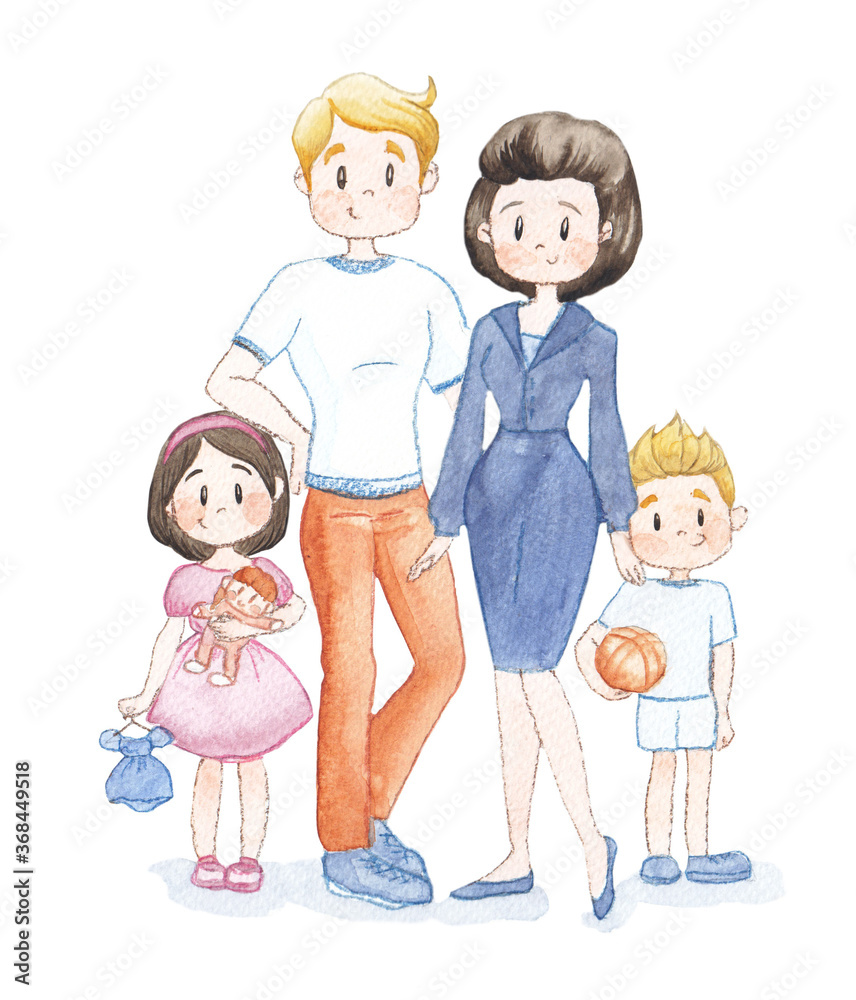 Watercolor illustration of family (mother, father, sister, brother)