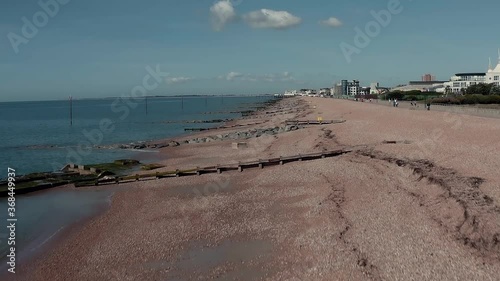 Bognor Regis, West Sussex, UK, July 29, 2020. Aerial footage over the beach from Felpham in West Sussex. photo