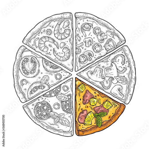 Square poster with monochrome and colorful slice pizza