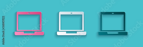 Paper cut Laptop icon isolated on blue background. Computer notebook with empty screen sign. Paper art style. Vector Illustration.
