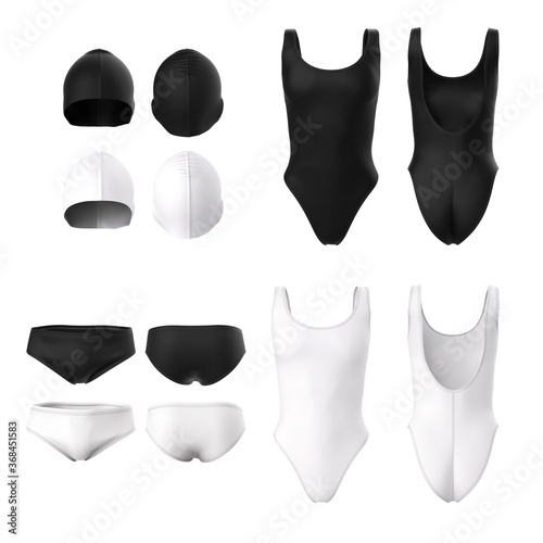 Women's closed swimsuit, men's swimming trunks, rubber cap for swimming. Sportswear for swimming. Black and white templates of clothes. Front and back view. 3d render.