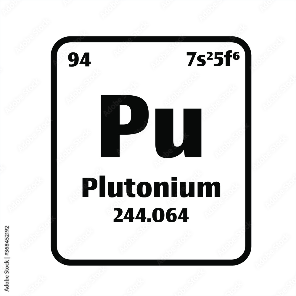 Plutonium (Pu) button on black and white background on the periodic table of elements with atomic number or a chemistry science concept or experiment.	