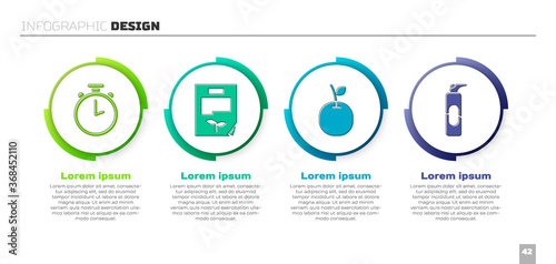 Set Stopwatch, Leaf document, Apple and Spray can for hairspray. Business infographic template. Vector.