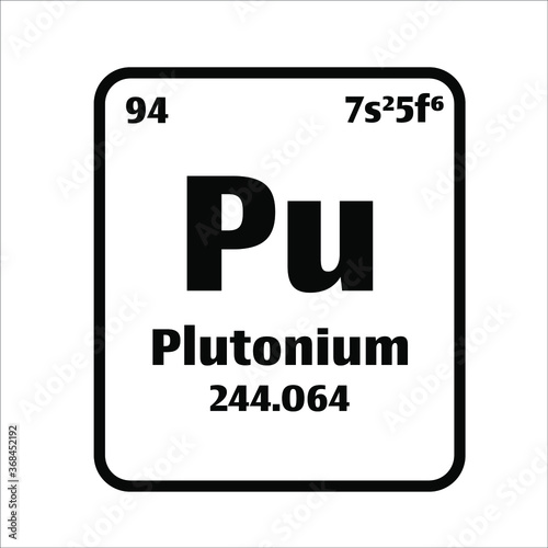 Plutonium (Pu) button on black and white background on the periodic table of elements with atomic number or a chemistry science concept or experiment. 