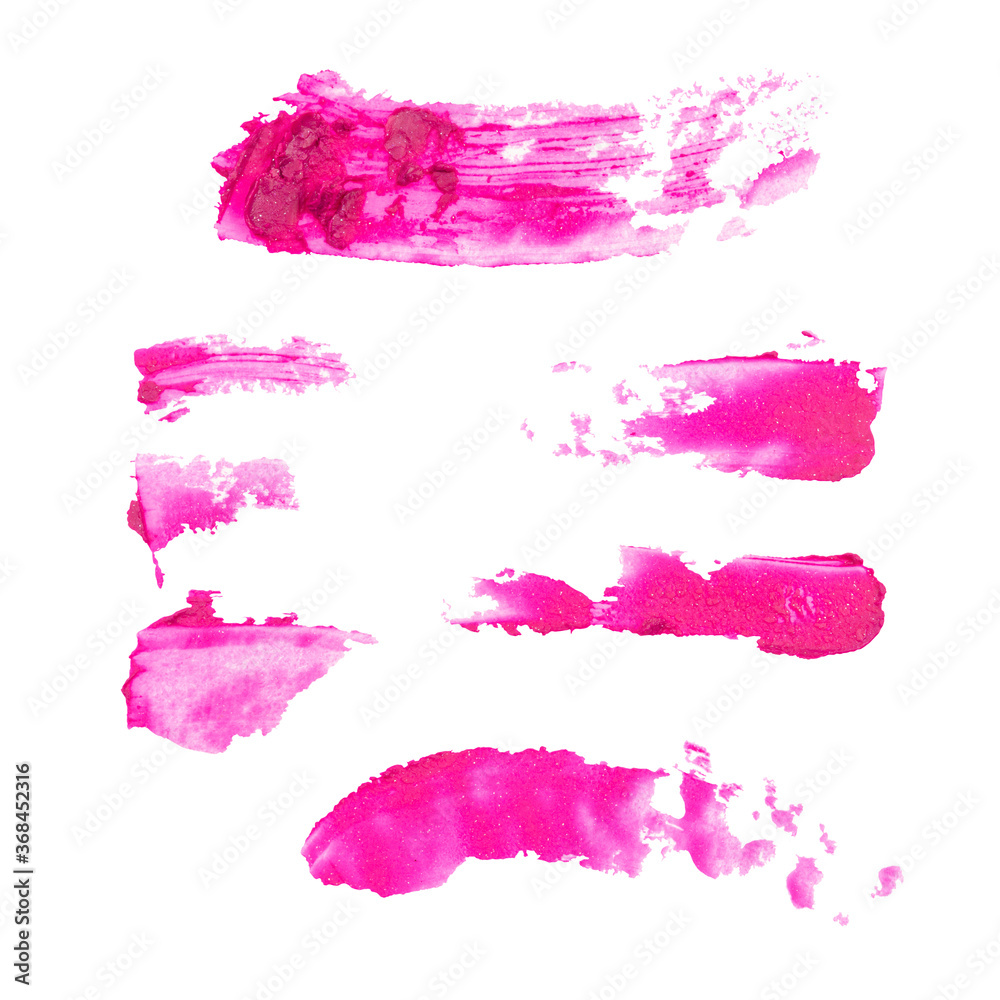 Blurred, smeared, stain of lipstick. Set of strokes of pink lipstick. Brush stroke, smear, smudge of cosmetics. Dirty lipstick stains isolated on white background. Blurred, smeared, stain of lipstick. Set of strokes of pink lipstick. Brush stroke, smear, smudge of cosmetics. Dirty lipstick stains isolated on white background.