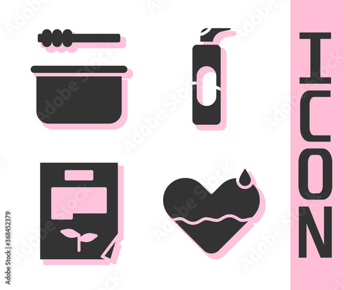 Set Heart heal, Sauna bucket and ladle, Leaf document and Spray can for hairspray icon. Vector.