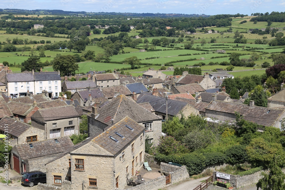 A view across the village of Middleham, Yorkshire, England to rural farms.