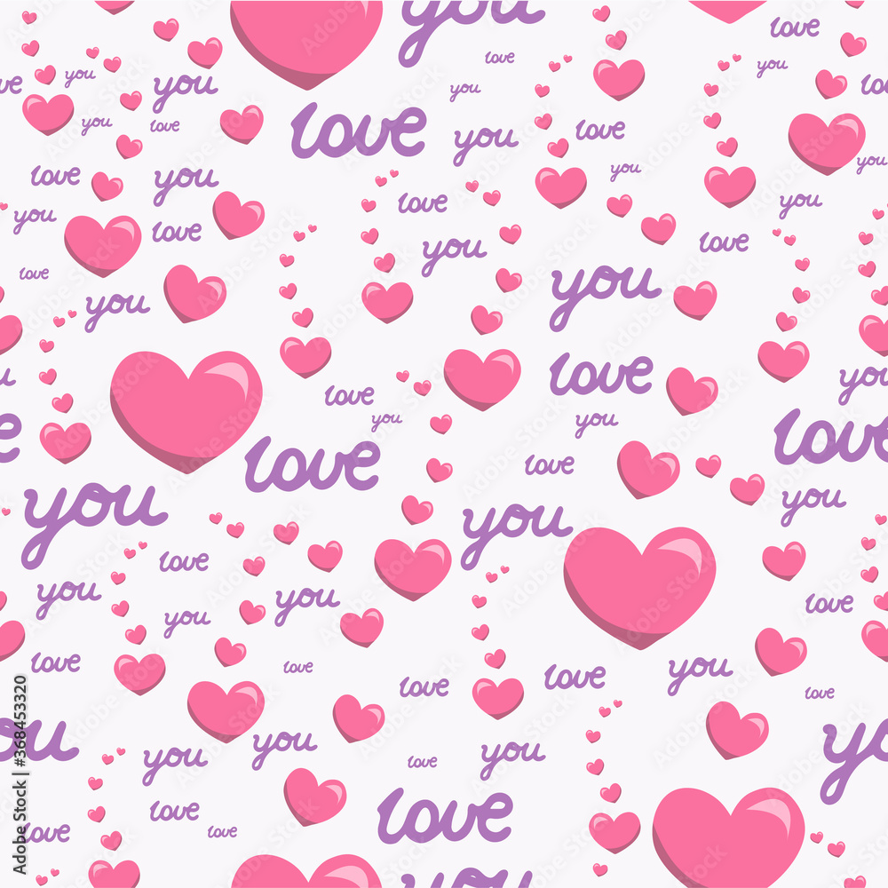 Seamless pattern with pink hearts and the inscription love you.