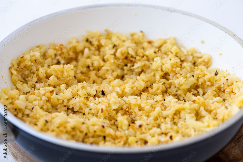 Cauliflower rice in the pan Cauliflower rice in the pan