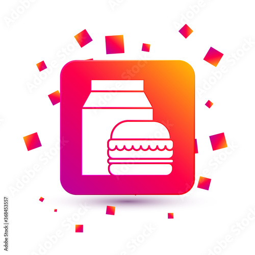 White Online ordering and burger delivery icon isolated on white background. Square color button. Vector Illustration.