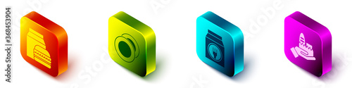 Set Isometric Online ordering and burger delivery, Plate, Online ordering and delivery and Online ordering and delivery icon. Vector.