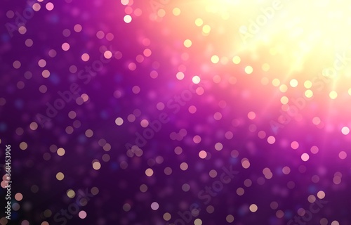 Purple shine decorated golden bokeh pattern. Magical holiday background.