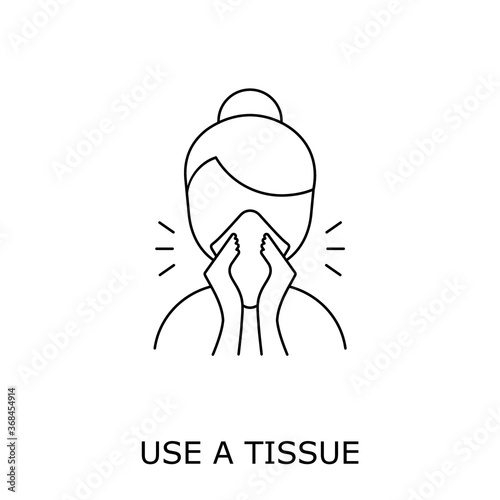 Sneeze line icon. Woman blowing her nose in paper tissue. Use tissue. Cover mouth and nose when coughing and sneezing. Personal hygiene. Coronavirus safety measures. Vector illustration, flat,clip art