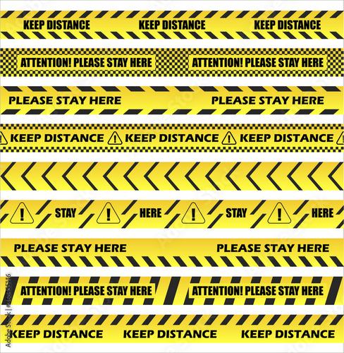Keep distance on floor stripes set vector. Restrictive tape stickers in yellow with stripes to separate people at a safe distance. Stay here is text on seamless tape