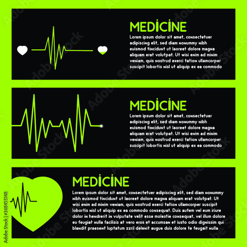 Hospital heart logo with pulse, heart beat icon, vector concept of healthy lifestyle, sport and fitness. Horizontal banner
