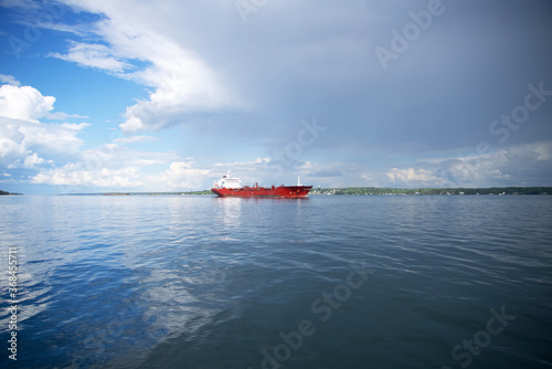 A large cargo ship on a river