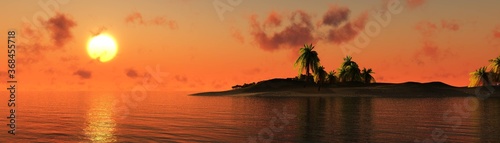 Beautiful sea sunset on a tropical island with palm trees, 3D rendering © ustas