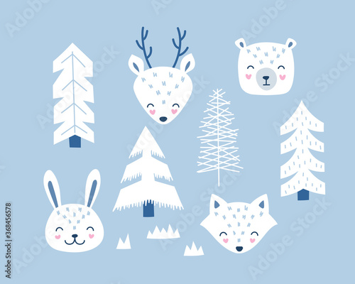 Set of forest animals, fox, bear, deer, hare in the Scandinavian style. Vector isolated illustration on blue background.
