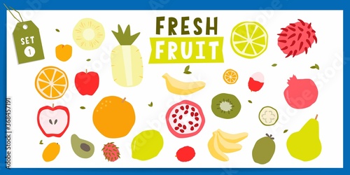 Fresh fruit vector clipart collection, set 1. Traditional apple, pear, half of a citrus, avocado, exotic kumquat, feijoa, guavasteen, kiwi, rambutan, lychee pieled and green price tag with a twine. 