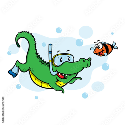 Alligator snorkeling at the sea and find a clown fish good for preschool kids illustration cartoon vector