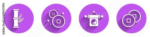 Set Bamboo, Chinese Yuan currency, Yin Yang and Chinese Yuan currency icon with long shadow. Vector.