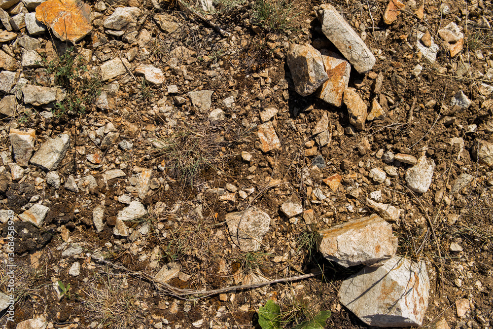 Soil background. Stony ground. Ground and stones. Crushed stones. Green grass