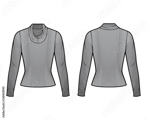 Ribbed cowl turtleneck knit sweater technical fashion illustration with long sleeves, close-fitting shape. Flat sweater apparel template front, back grey color. Women, men, unisex shirt top CAD mockup