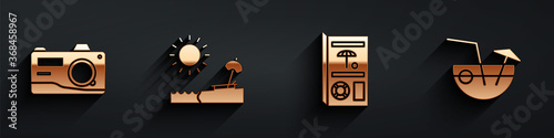 Set Photo camera, Beach with umbrella and chair, Travel brochure and Coconut cocktail icon with long shadow. Vector.