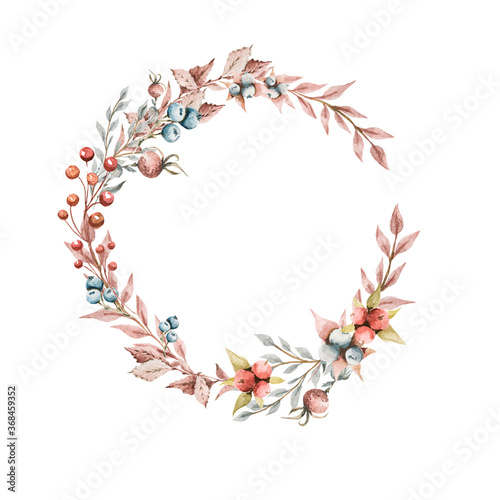 Hand drawing watercolor autumn floral wreath of berries, acorns, mushrooms, flowers, leaves. illustration isolated on white