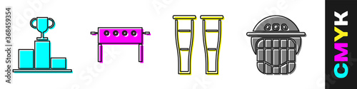 Set Hockey over sports winner podium, Hockey table, Crutch or crutches and Hockey helmet icon. Vector.