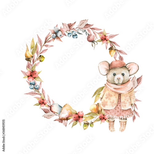 Hand drawing watercolor autumn floral wreath of berries, acorns, mushrooms, flowers, leaves and cute mouse. illustration isolated on white photo