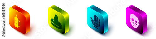 Set Isometric Fitness shaker, Mallet for playing air hockey, Hockey glove and Hockey mask icon. Vector.