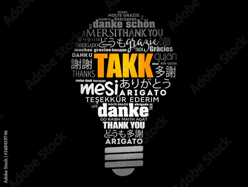 Takk (Thank You in Icelandic) light bulb Word Cloud, concept background photo