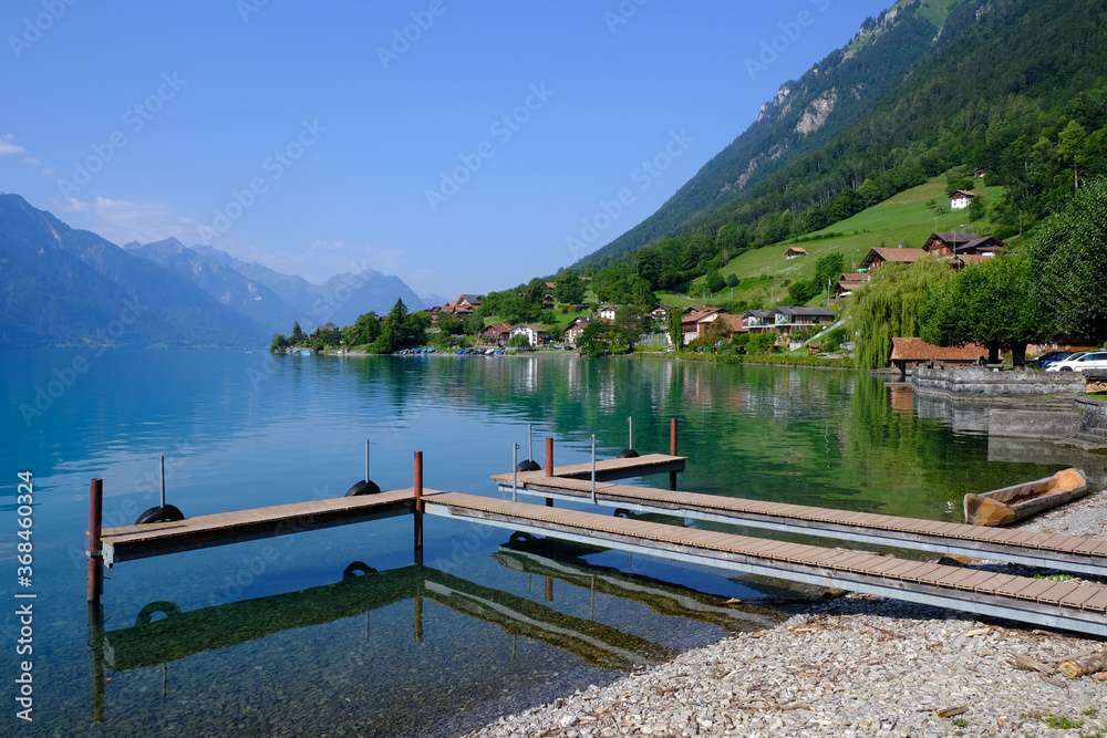 Brienzersee Lake and jetty at Oberreid, Berner Oberland, Switzerland