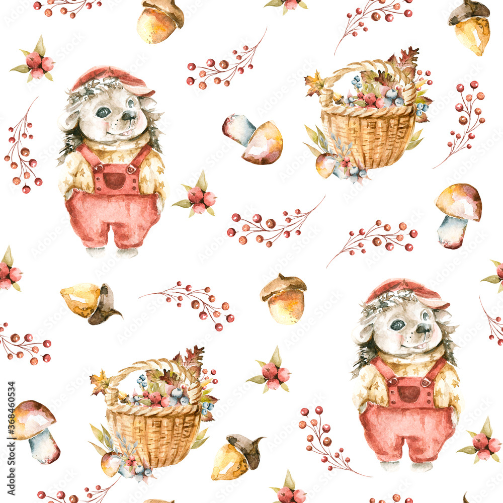 Hand drawing watercolor autumn pattern of  cute hedgehog, berries, acorns, mushrooms, leaves and baskets. illustration isolated on white. Perfectfor fabric, scrapbooking, wedding invitation